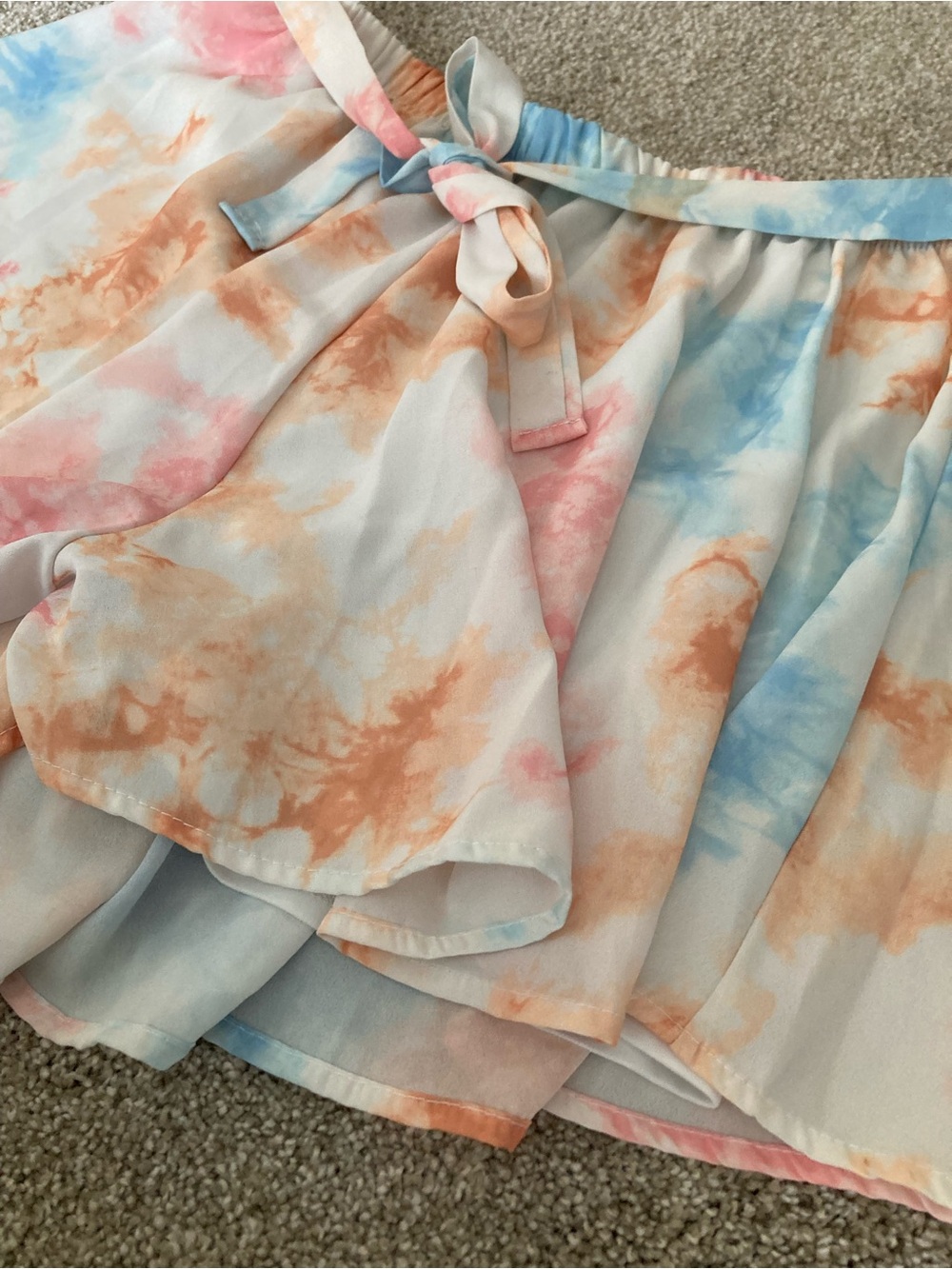 Peach Love California Tie-Dye Skater Shorts in Blue, Pink & Peach